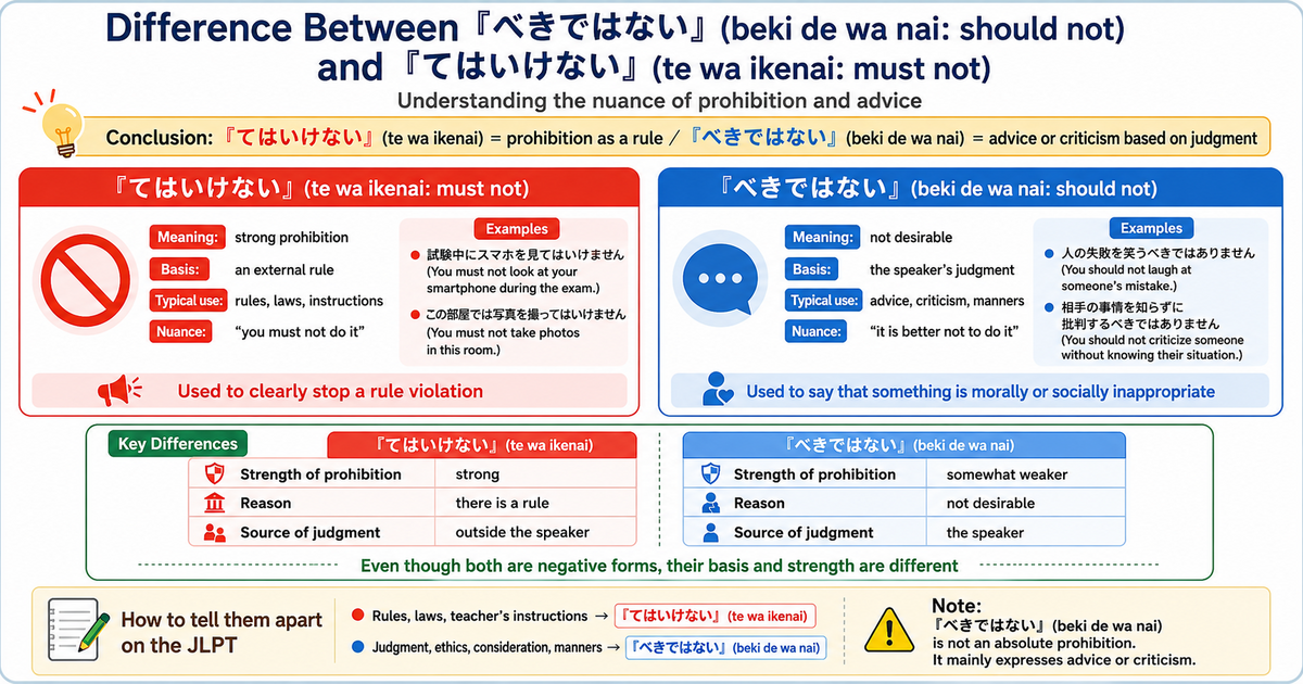 What Is the Difference Between 「べきではない」 and 「てはいけない」?