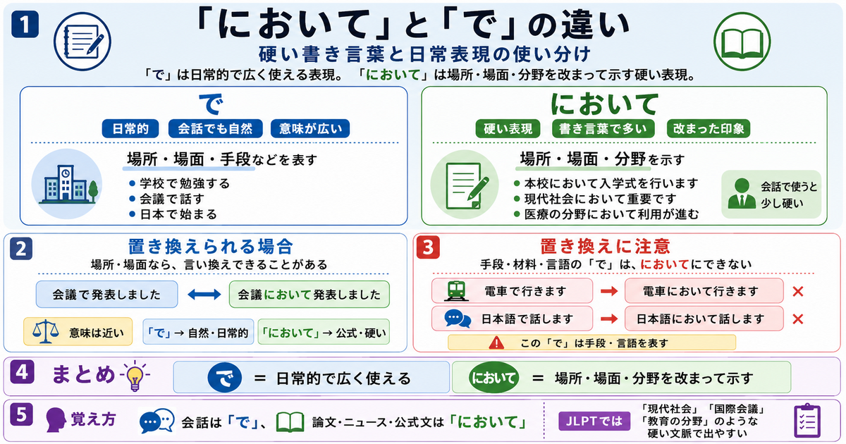 「において」と「で」の違いは？硬い書き言葉と日常表現の使い分け
