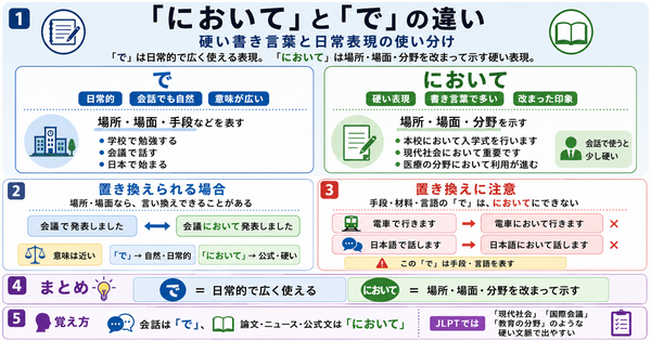 「において」と「で」の違いは？硬い書き言葉と日常表現の使い分け