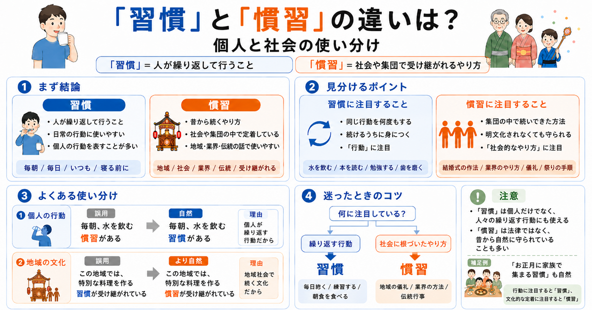 「習慣」と「慣習」の違いは？個人と社会の使い分け