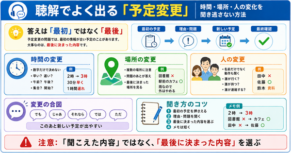 聴解でよく出る「予定変更」。時間・場所・人の変化を聞き逃さない方法