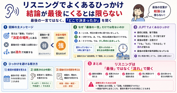 リスニングでよくあるひっかけ：結論が最後にくるとは限らない