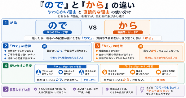 「ので」と「から」の違いは？やわらかい理由と直接的な理由の使い分け