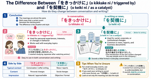 What is the difference between 「をきっかけに」 and 「を契機に」? How do they change in conversation and writing?