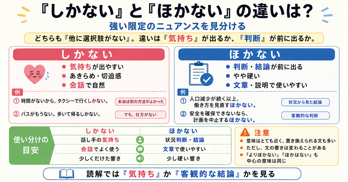 「しかない」と「ほかない」の違いは？強い限定のニュアンスを見分ける