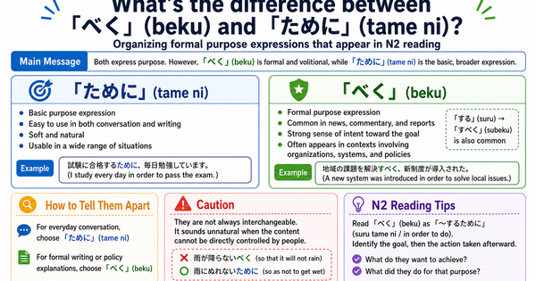 What Is the Difference Between 「べく」 and 「ために」? Understanding Formal Purpose Expressions in JLPT N2 Reading  When studying Japanese, you will often see expressions that show purpose.