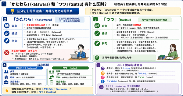「かたわら」和「つつ」有什么区别？整理 JLPT N2 中表示两个动作并列的语法