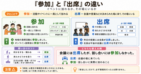 「参加」と「出席」の違いは？イベントに加わるか、その場にいるか