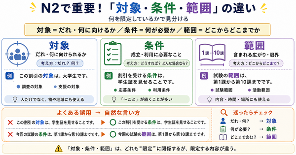 N2で重要な「対象・条件・範囲」の意味と例文｜よくある誤用から使い分けを理解しよう