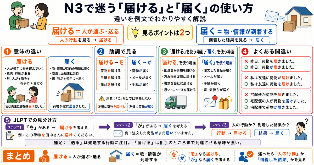 N3で迷う「届ける」と「届く」の使い方｜違いを例文でわかりやすく解説
