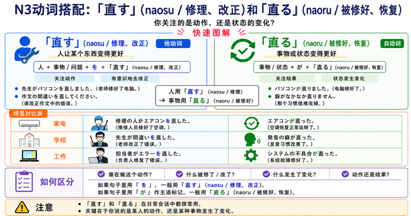 N3动词「直す」和「直る」有什么区别？用场景和例句轻松理解