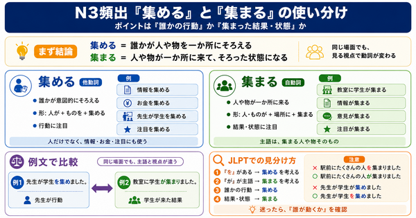 N3頻出「集める」と「集まる」の使い分け｜違いを例文でわかりやすく解説