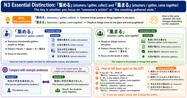 集める vs. 集まる: How to Use These Common JLPT N3 Verbs Correctly