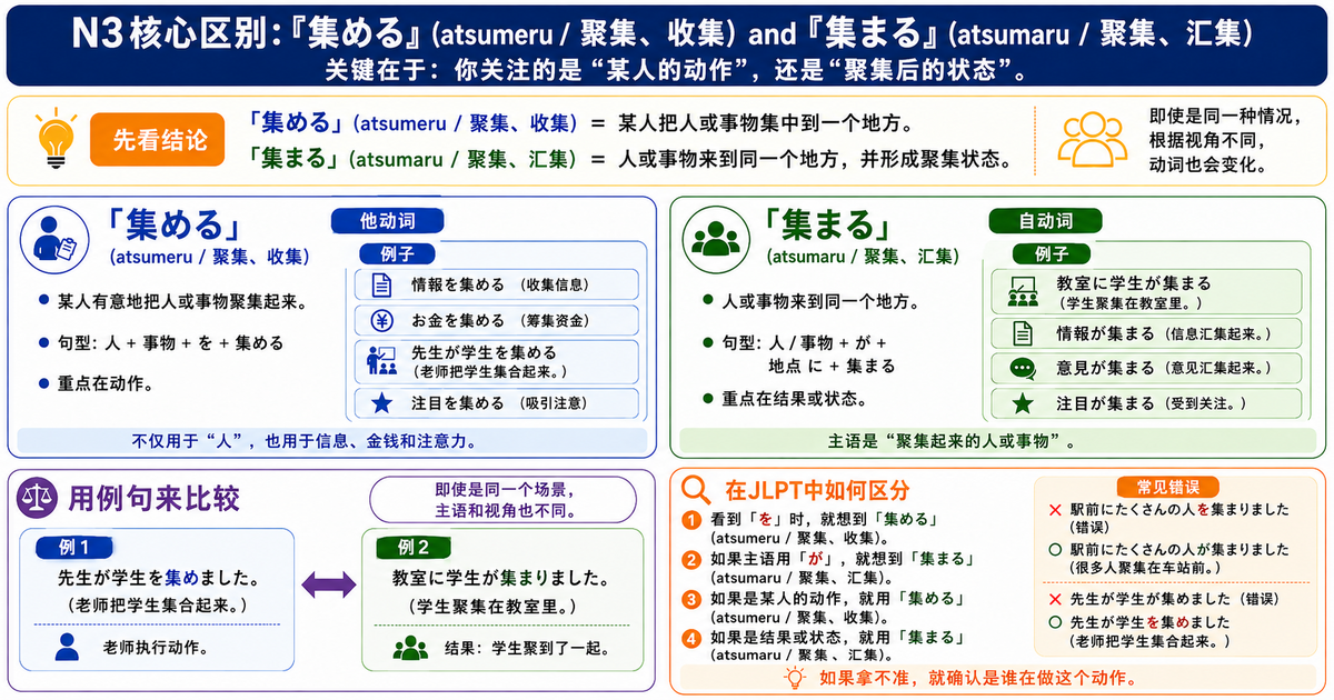 JLPT N3常考：「集める」和「集まる」到底有什么区别？