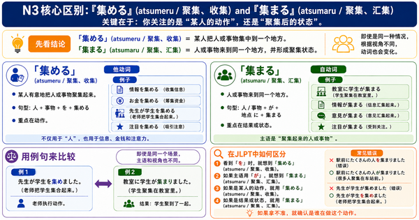 JLPT N3常考：「集める」和「集まる」到底有什么区别？