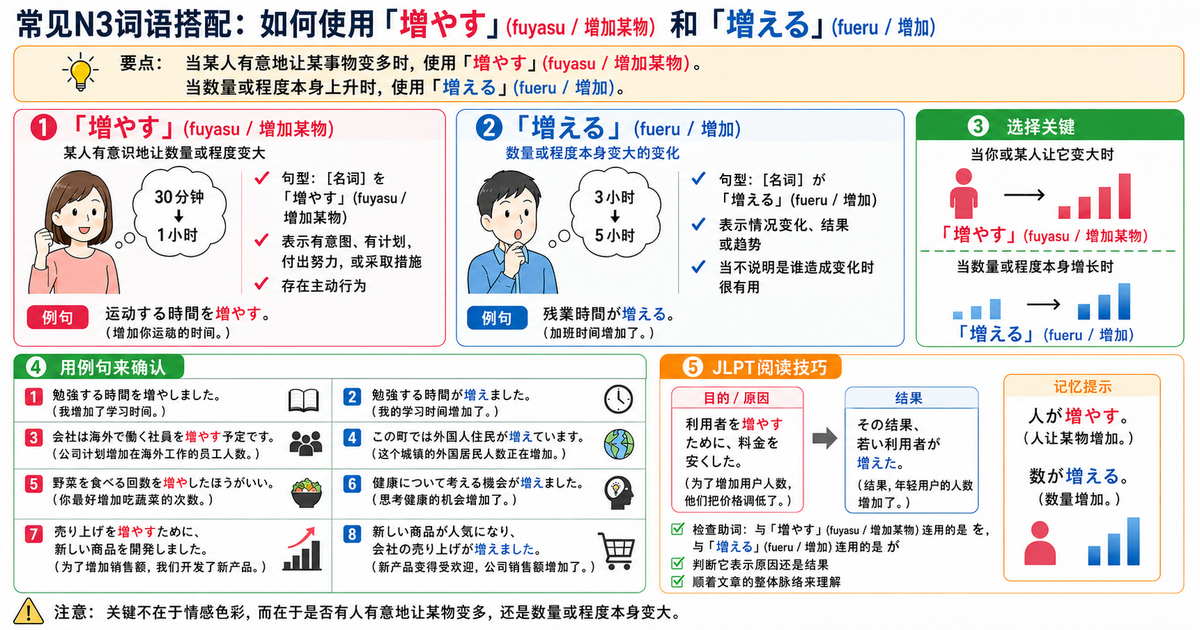 「増やす」和「増える」怎么区分？从场景掌握JLPT N3高频动词