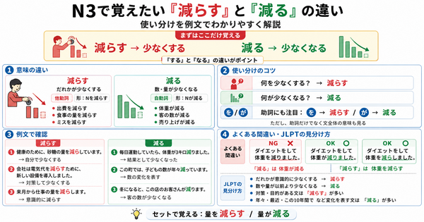 N3で覚えたい「減らす」と「減る」の違い｜使い分けを例文でわかりやすく解説