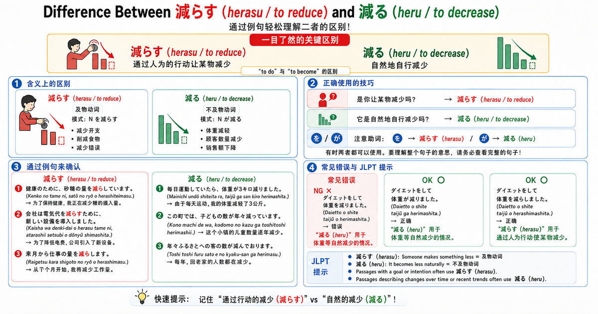 JLPT N3必学：「減らす」和「減る」到底有什么区别？