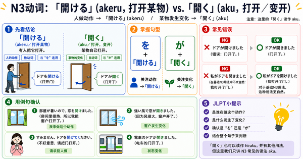 N3动词「開ける」和「開く」怎么区分？从常见错误掌握正确用法