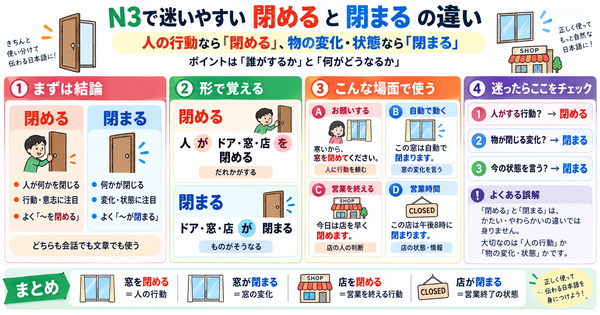 N3で迷いやすい「閉める」と「閉まる」の違い