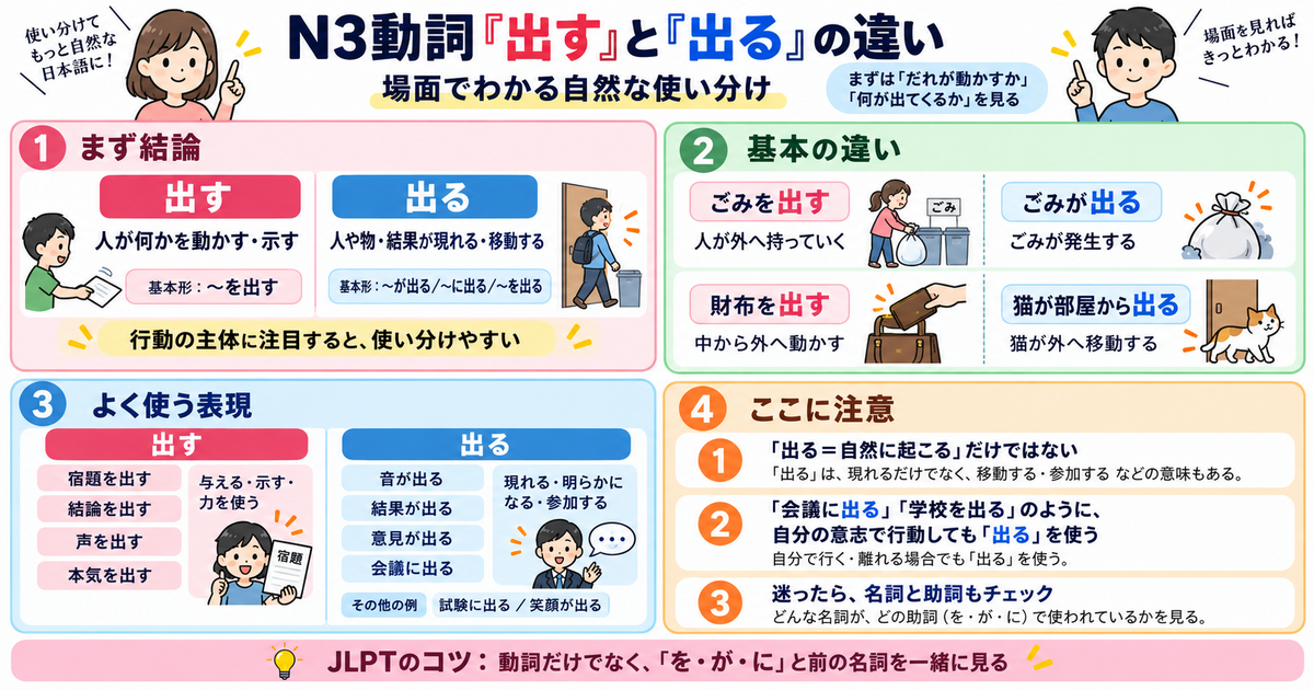 N3動詞「出す」と「出る」の違い｜場面でわかる自然な使い分け