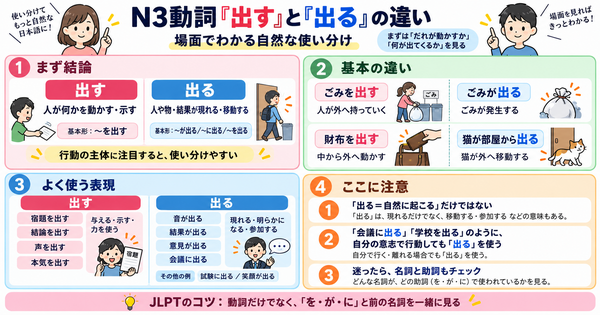 N3動詞「出す」と「出る」の違い｜場面でわかる自然な使い分け