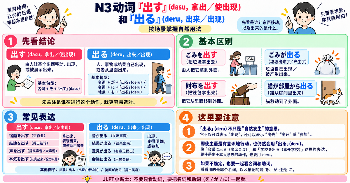 N3动词「出す」和「出る」有什么区别？从实际场景掌握自然用法