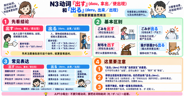 N3动词「出す」和「出る」有什么区别？从实际场景掌握自然用法