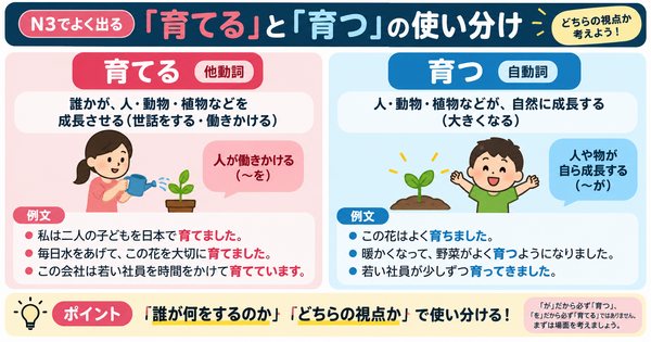 N3でよく出る「育てる」と「育つ」の使い分け