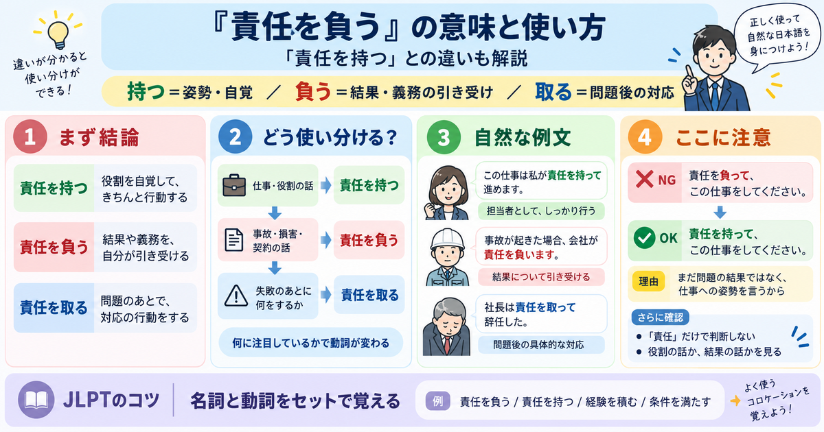 「責任を負う」の意味と使い方。「責任を持つ」との違いも解説