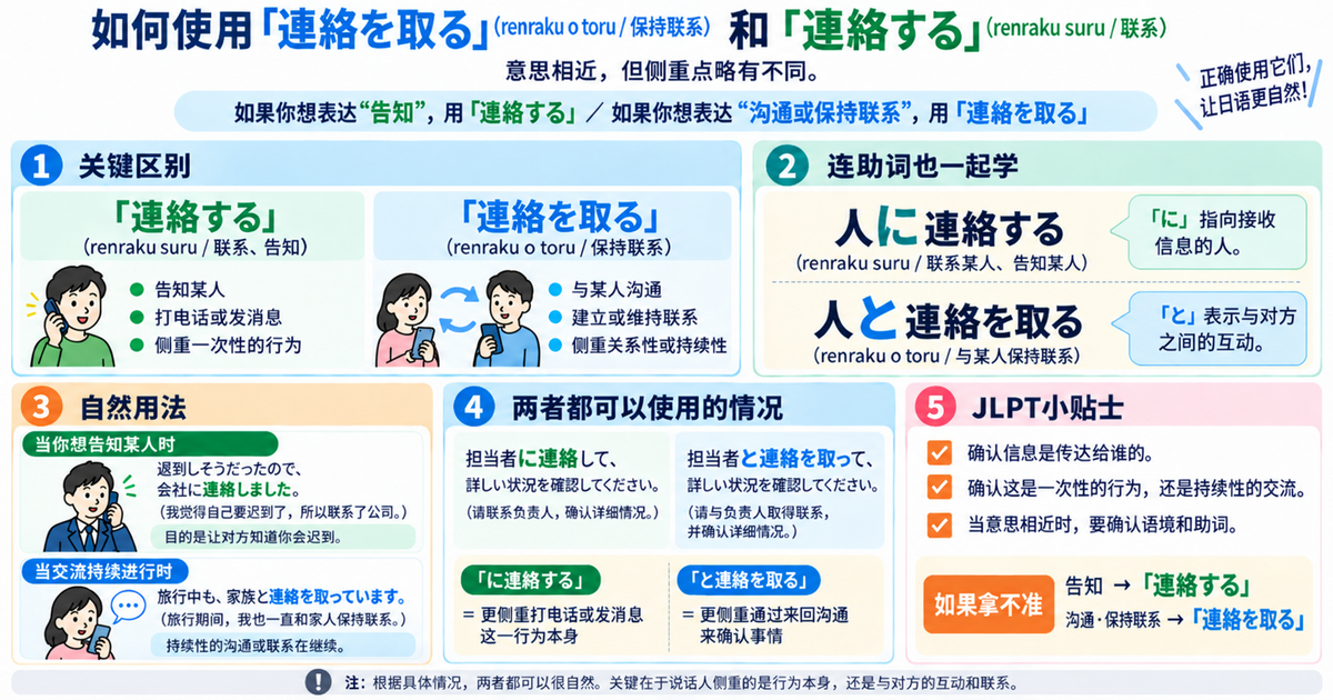 「連絡を取る」和「連絡する」有什么区别？从常见误用学会自然用法