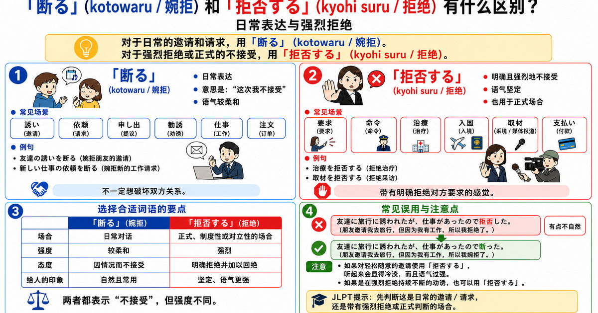 「断る」和「拒否する」有什么区别？日常婉拒与强烈拒绝
