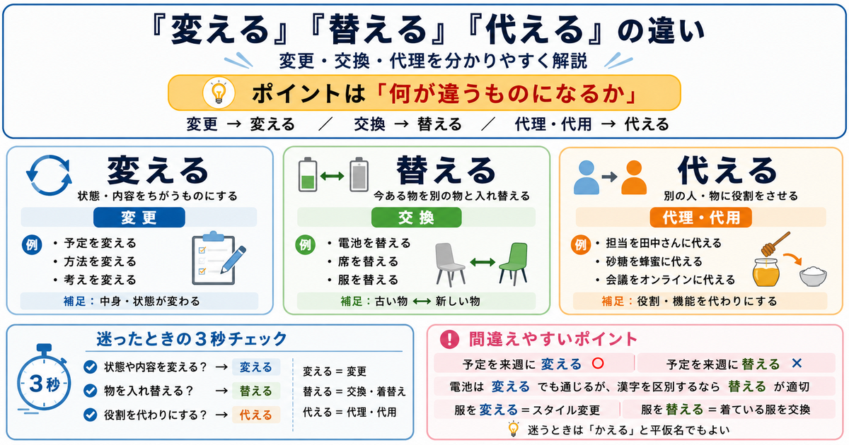 「変える」と「替える」と「代える」の違いは？変更・交換・代理を分かりやすく解説