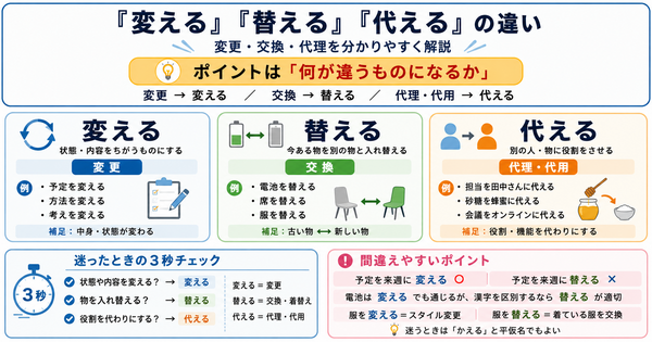 「変える」と「替える」と「代える」の違いは？変更・交換・代理を分かりやすく解説
