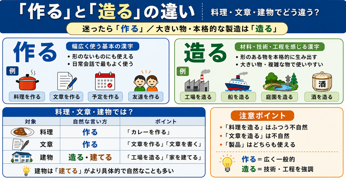 「作る」と「造る」の違いは？料理・文章・建物でどう違う？