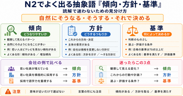 N2でよく出る抽象語「傾向・方針・基準」の使い分け｜読解で迷わないための見分け方