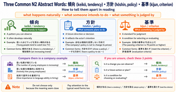 JLPT N2 Abstract Words: How to Use 傾向・方針・基準 Without Getting Confused