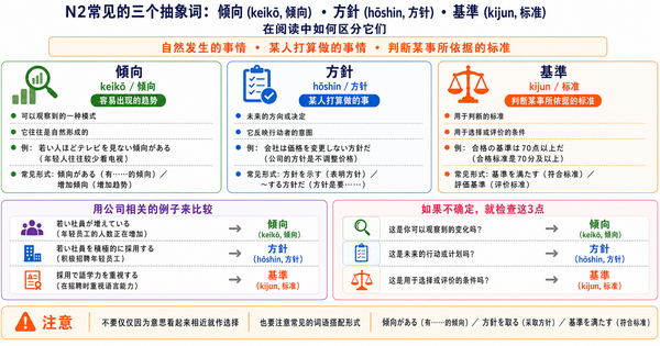 JLPT N2高频抽象词「傾向・方針・基準」怎么区分？读懂了却总选错的人一定要掌握