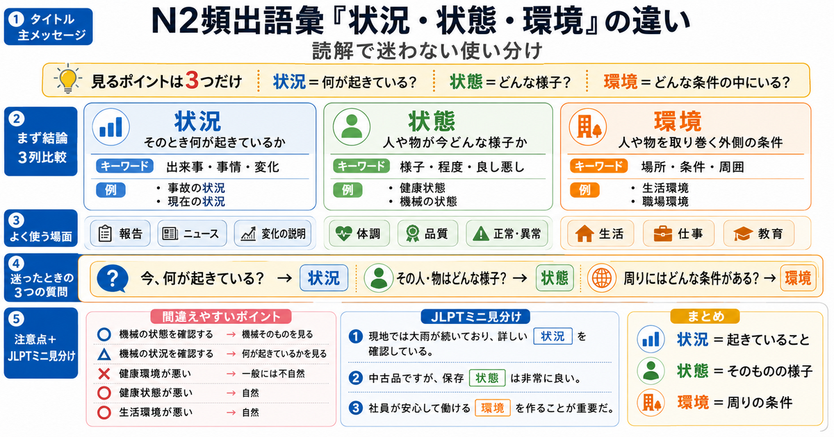N2頻出語彙「状況・状態・環境」の違い｜読解で迷わない使い分け