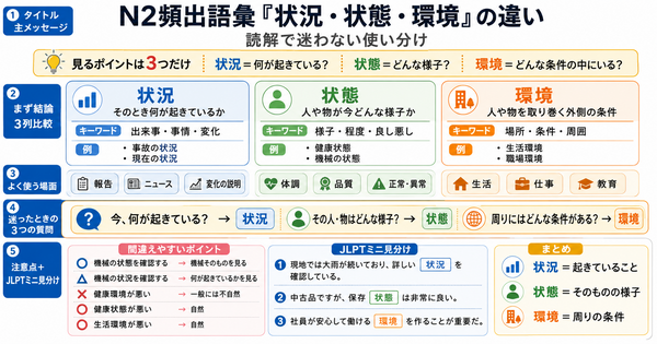 N2頻出語彙「状況・状態・環境」の違い｜読解で迷わない使い分け
