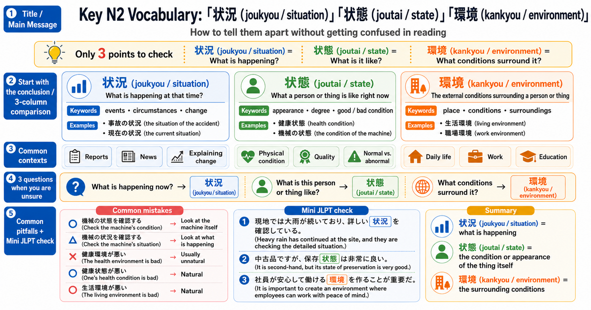 状況 vs 状態 vs 環境: How to Tell These Common JLPT N2 Words Apart