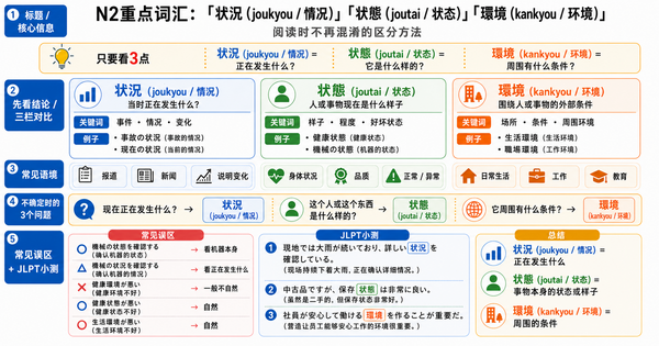JLPT N2常见词「状況・状態・環境」的区别｜读解和词汇题不再混淆