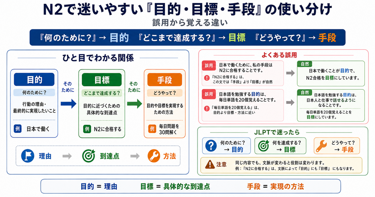 N2で迷いやすい「目的・目標・手段」の使い分け｜誤用から覚える違い