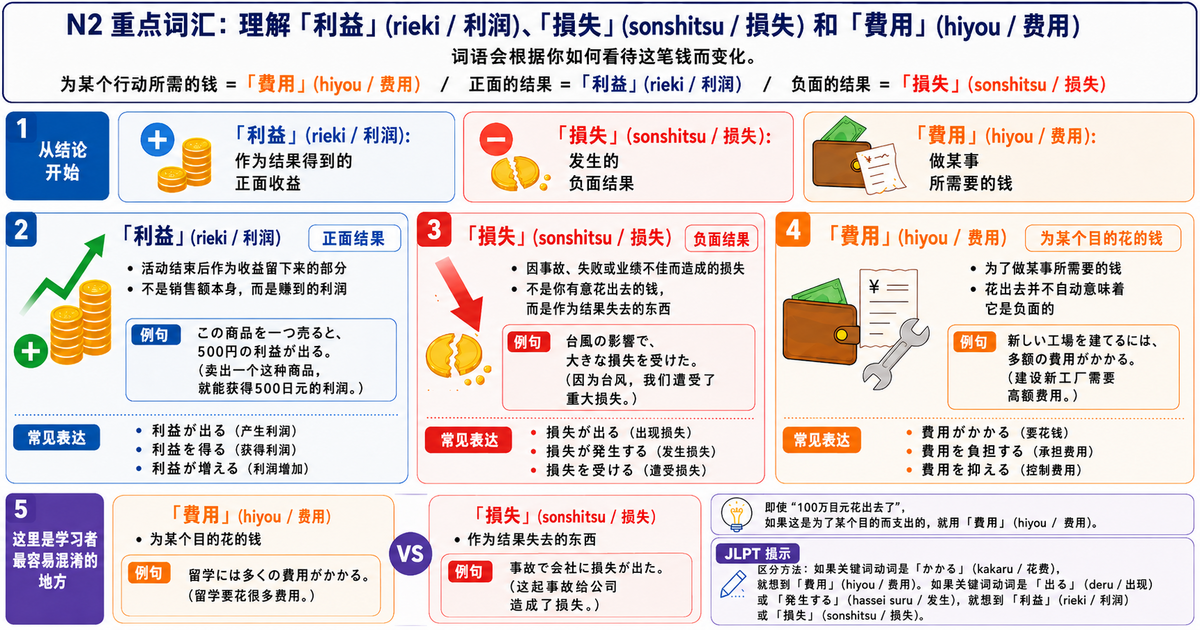 N2高频词「利益・損失・費用」怎么区分？从常见误用掌握自然日语