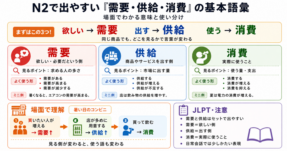 N2で出やすい「需要・供給・消費」の基本語彙｜場面でわかる意味と使い分け