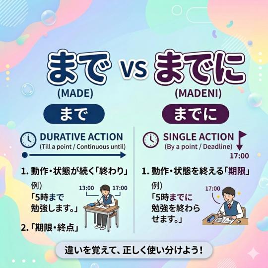 「まで」と「までに」の違いを3分で整理。継続か、締切か