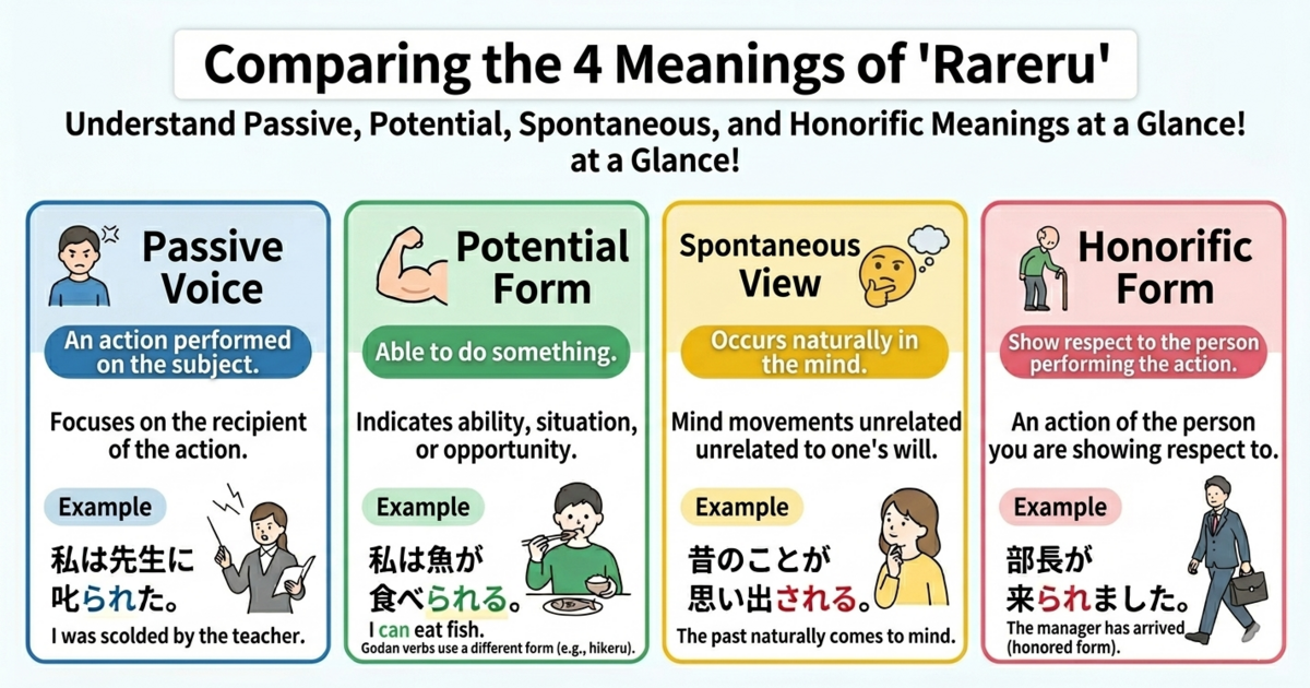How to Tell the 4 Meanings of "rareru" Apart: Passive, Potential, Spontaneous, and Honorific in One Clear Guide
