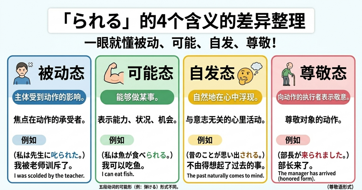 「られる」的4种意思怎么区分？一次整理被动・可能・自发・尊敬