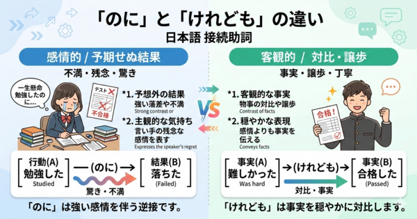 「のに」と「けれども」の違いを3分で整理。不満か事実かで見分ける方法