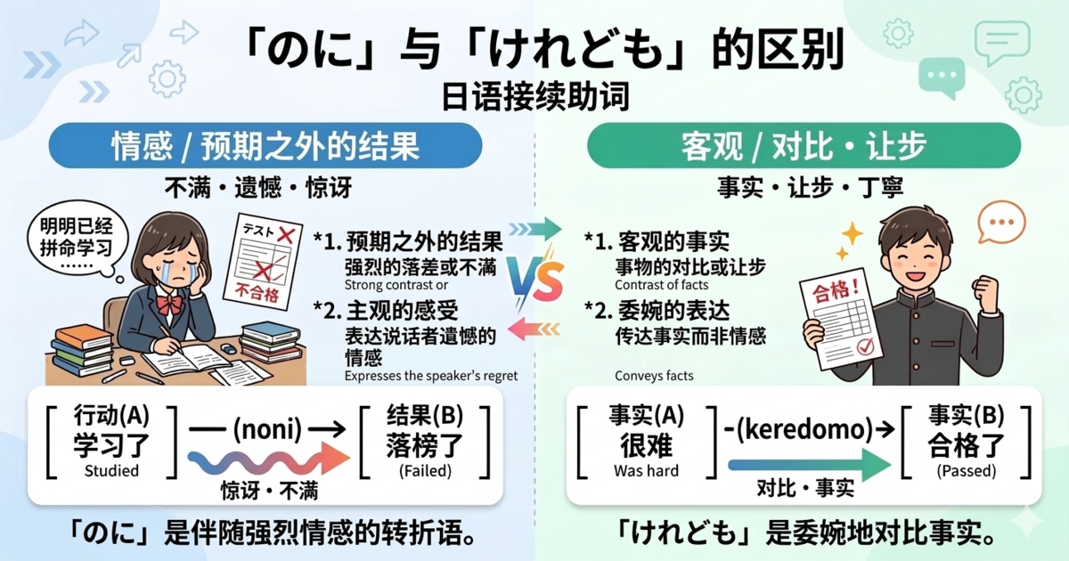 「のに」和「けれども」的区别，3分钟理清。通过"不满"还是"事实"来区分的方法